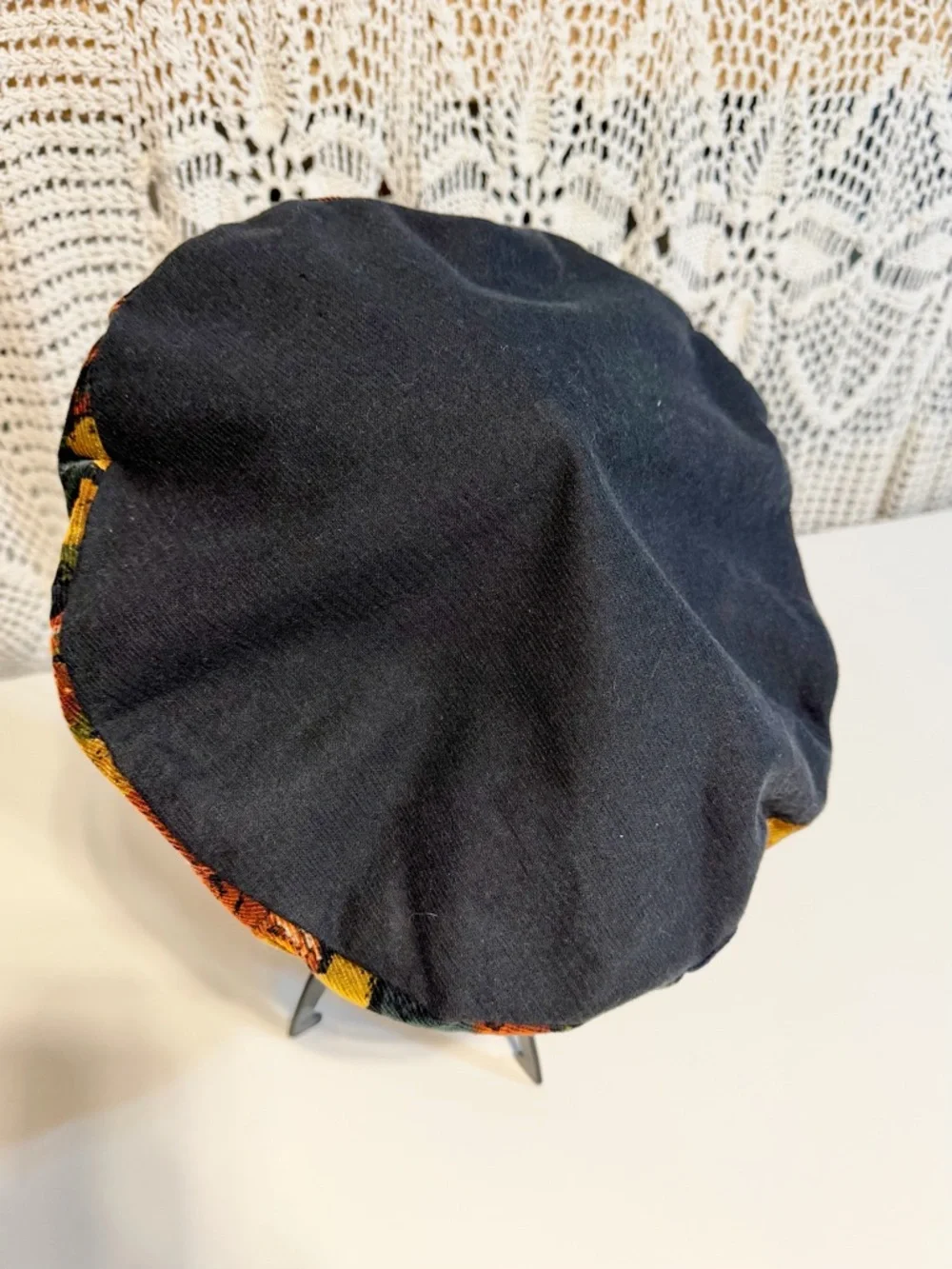 VINTAGE French beret hat moody dark floral corduroy navy blue newsboy cap boho - Picture 4 of 8